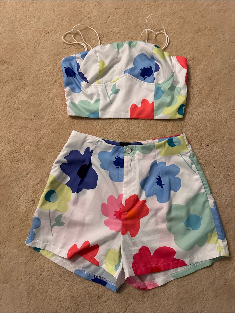 Floral Print White Two-Piece Shorts Set